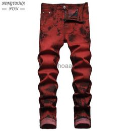 Brand Mens Jeans High Quality Slim Tie dye Snow Wash Brick Red Denim Straight Pants Vintage Streetwear Fashion Casual Trousers HKD230812