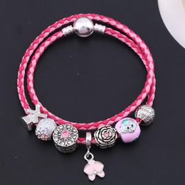 Strand Two-Color Leather Rope Windmill Bracelet Fit DIY S925 Silver Chain Beads Original Jewelry Handmade Accessories Wholesale