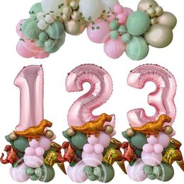 Decoration 30pcs Carton Dinosaur Balloon Tower with 32inch Pink Number Balloon for Girl's Dinosaur Themed Birthday Decorations Supply R230812