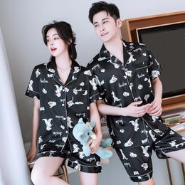 Women's Sleepwear Satin Short-sleeve Couple Summer Comfortable Men Women Pyjamas Set Daily Lounge Nightwear Sweet Lovers Casual