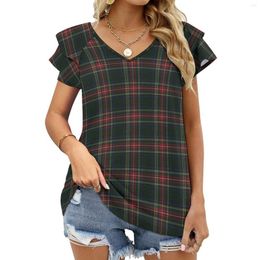 Women's T Shirts Stewart Black Tartan Lotus Leaf Neck T-Shirt Long Sleeve T-Shirts For Women Spring And Autumn Tee Original