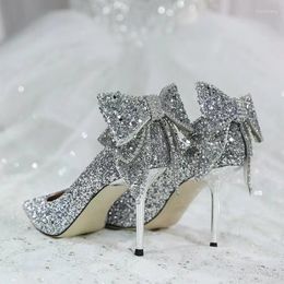 Dress Shoes Bling Sequins Thin Heels Pumps Women 2023 Crystal Bowtie High Woman Plus Size 42 Pointed Toe Partty Wedding