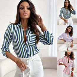 Women's Blouses Elegant Top Blouse Stripe Printed Shirts 2023 Autumn Long Sleeve V-Neck Pocket Office Lady Shirt S-XXL