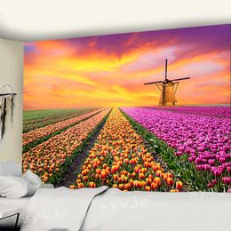 Tapestries Pink Tulip Flower Tapestry Wall Hanging Garden Tapestry Art Dormitory Home Bedroom Background Wall Decoration Picnic Cloth