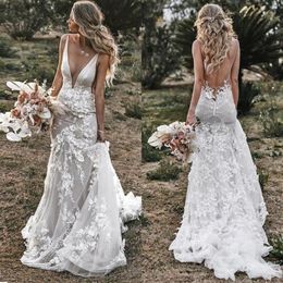 Vintage Mermaid Spaghetti Wedding Dress 2021 V-neck Backless Lace Appliques 3D Flowers Country Bridal Gown Plus Size Custom Made209P