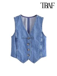 Women's Vests TRAF Women Fashion Front Button Denim Waistcoat Vintage V Neck Sleeveless Female Outerwear Chic Tops HKD230812