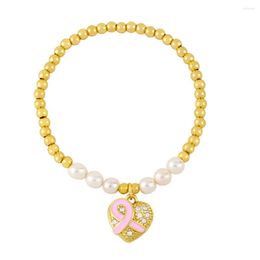 Strand Copper Gold Beads Pearl Elastic Chain Inlaid Zircon Heart Bracelet For Women Colourful Enamel Ribbon Pattern Bangle Jewellery Gift