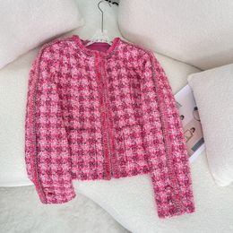 2023 Autumn Hot Pink Plaid Chains Weave Tweed Jacket Long Sleeve Round Neck Classic Jackets Coat Short Outwear A3G116561