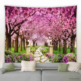 Tapestries Spring Forest Floral Tapestry Rural Flowers Pink Red Garden Wall Hanging Decor Natural Landscape Home Living Room Tapestries Rug R230812