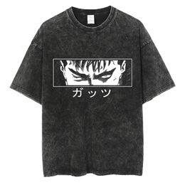 Men's T-Shirts Anime Berserk Print Fashion Oversized T-Shirt Hip Hop Streetwear Men Washed Vintage Black Tshirt Summer Casual Cotton T Shirt 230812