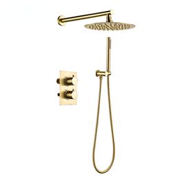 Thermostatic Control Mixing Bathroom Faucet Brushed Gold Shower Set 2 Dial 2 Way Diverter Valve Smesiteli Rainshwoer