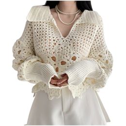 New design women's turn down collar deep v-neck long sleeve loose crochet floral hollow out knitted sweater tops