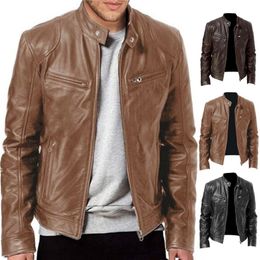 Men's Jackets 2023 Mens Fashion Leather Jacket Slim Fit Stand Collar PU Male Antiwind Motorcycle Lapel Diagonal Zipper Men 230812