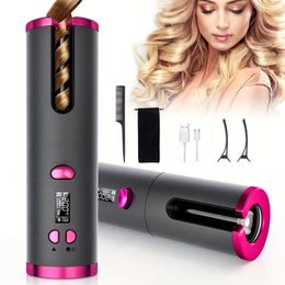 Cordless Automatic Hair Curler: Ceramic Rotating Iron with 6 Temperature & Timer Settings, Portable Rechargeable Wand, Fast Heating & Auto Shut-Off for Styling