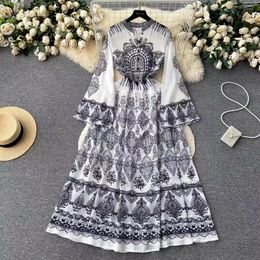 Basic Casual Dresses 2024 Summer Vintage Ethnic Black Paisley Chiffon Dress Women's Stand Collar Long Flare Sleeve Printed Holiday Robe Femme Vestidos