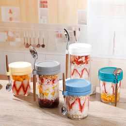 Storage Bottles 2 Set Oatmeal Cups Overnight Oats Breakfast With Spoons Mason Lids Glass Salad Jar Yogurt