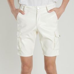 Men's Shorts #2218 Black White Cargo Men Side Pockets Slim Faux Leather Joggers Elastic PU Homme Thin Summer