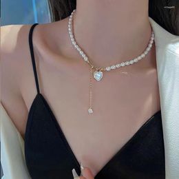 Chains Elegant Imitation Pearl Bead Necklace For Women Crystal Heart Pendant Wedding Party Jewellery Collier Femme E839