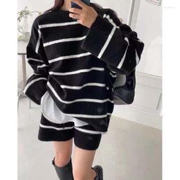 Women's Tracksuits Two Pieces Stripe Knitted Shorts Set Lady Spring Autumn Casual Streetwear Long Sleeve Pullover Sweater