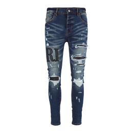 Mens Jeans Street Fashion Men Dark Blue Elastic Ripped Stretch Skinny Trousers Brand Patch Designer Hip Hop Pants Hombre 230811
