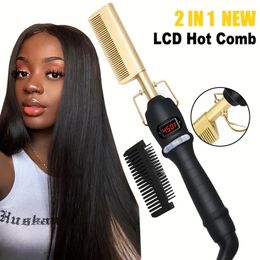 Hot Comb Electric Digital Display Hot Comb Professional High Heat Ceramic Hair Press Comb, Multifunctional Copper Hair Straightener For Thick Hair - Gold (US 100V)