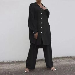 Women's Two Piece Pants Female Women Blouse Wide Leg Pant Suit Set Long Sleeve Single Breasted Loose Top Two-Piece Vacation Outfit Autumn