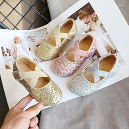 Flat Shoes Cross-tied Girls Dresses Glitter Party 2023 Brand Wedding Evening Bling Leather Toddler