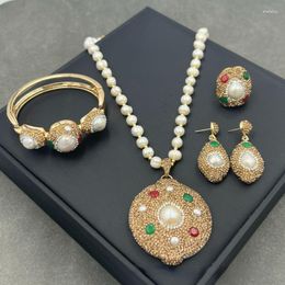 Necklace Earrings Set Baroque Fresh Water Profiled Pearl Exquisite Fashion Mediaeval Style Colour Preserving Electroplated Four-piece Jewellery