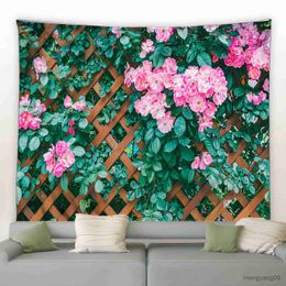 Tapestries Fence Pink Flowers Tapestry Window Flower Arch Garden Park Nature Plant Wall Hanging Modern Home Living Room Patio Decor R230812