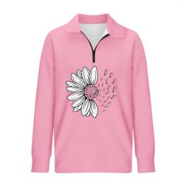 Gym Clothing Womens Oversized Hoodie Sunflower Print Half Zip Pullover Long Sleeved Sweatshirt Stripe Quarter