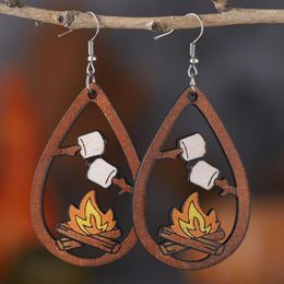 Dangle Earrings Camping Bonfire Funny For Women Fashion Cute Water Drop Wooden Ladies Earring Cool Statement Earings Party Gift Jewelry