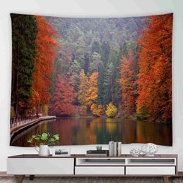 Tapestries forest nature rural tapestry home landscape wall art mural blanket yellow red maple autumn tapestry R230812