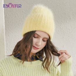 Beanie/Skull Caps ENJOYFUR Winter Hats For Women Good Quality Angora Rabbit Fur Long Hair Knit Hat Thick Warm Fashion Wide Brim Beanie Cap 230811