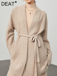 Womens Sweaters DEAT Fashion Knitted Cardigan Shawl Collar Loose Long Sleeves Belt Solid Colour Sweater Coat Autumn 7AB455 230811