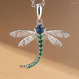 Pendant Necklaces Simple Trendy Silver Plated Dragonfly For Women Shine Blue Green CZ Stone Inlay Fashion Jewellery Party Gift