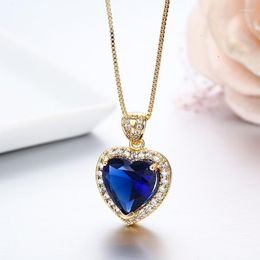 Pendant Necklaces Ocean Heart Peach London Blue CZ Accent Necklace Women Suspension Pingente Brass Gold Colour Jewellery Collares Undertale