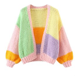 Womens Sweaters Women Loose Sweet Knit Cardigan Spring and Autumn Fashion Patchwork Lantern Sleeve Sweater Crop Top Handmade Small Jacket 230811