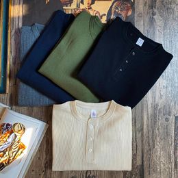 Men's T Shirts Tailor Brando Heavyweight 315g Cotton American Vintage Waffle Pattern Henley Collar Long Sleeve T-shirt