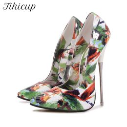 Sandals Tikicup Oil Painting Women 16cm Extremely High Metal Heel Shoes for Performance Only Wild Sexy Slip On Stiletto Pumps Size 35 230812