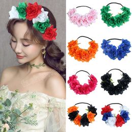 Fashion Women Bride Flowers Headband Mexican Style Rose Flower Crown Hairband Ladies Elastic Beach Hair Accessories Headband