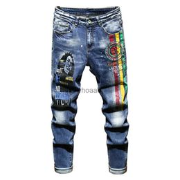 Men's Letters Embroidery Painted Stretch Denim Jeans Streetwear Trendy Slim Straight Pants Trousers HKD230812