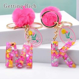 Keychains Lanyards Kawaii 26 Letters Key Chains For Women Purse Handbags Charms A To Z Resin Alphabet Initials Pendant With Pink Pompom Flower