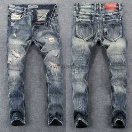 Streetwear Fashion Men Jeans Retro Wash Slim Fit Destroyed Ripped Jeans Men Hole Trousers Patched Vintage Designer Pants Hombre HKD230812