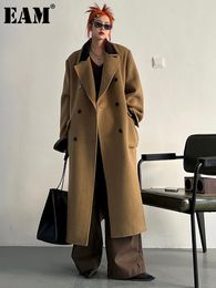 Womens Trench Coats EAM Loose Fit Khaki Big Size Long Colorblock Woolen Coat Parkas Sleeve Women Fashion Autumn Winter 1DF3309 230811