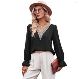 Women's Blouses Women Blouse Autumn V-Neck Lace Stitching Trim Pullover Tops Long Sleeve Ruffle Cuffs Loose Solid Color Casual Streetwear