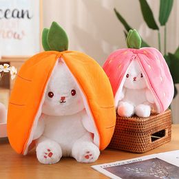 Stuffed Plush Animals 18cm Cosplay Fruit Transfigured Plush Doll Cute Carrot Strawberry Turn Into Rabbit Plush Toy Kids Birthday Christmas Gift