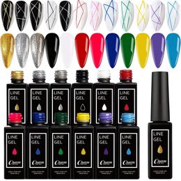 Painted Gel Polish Nail Art Gel Liner Set-12 Colours Red Yellow Green Glitter Slivery Golden Blue French Line Pulling Gel Drawing, Nails Built Thin Line Nail Art Brush