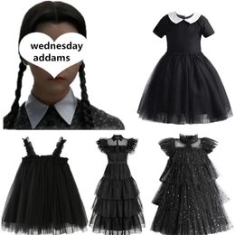 Girl's Dresses Wednesday Cosplay Girl Costume Elegant Children Clothes Carnival Party Black Kids Dress Mesh Sequins Halloween Layers Cake Dress 230812