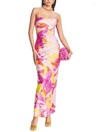 Casual Dresses Women Strapless Floral Print Tube Long Dress Sexy Off-Shoulder Open Back Bodycon Bandeau Maxi Y2K Clubwear