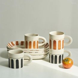 Mugs TingKe Nordic Vintage Hand-painted Rough Stripe Ceramic Mug Coffee Cup Plate Set Creative Fruit Salad Tableware